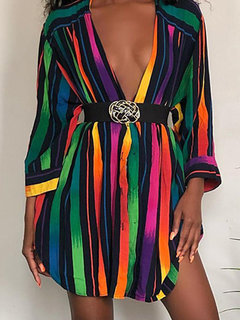 V-neck Midi Loose Beach Dacron Blouse (Style V300925)