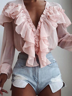 Loose Elegant Plain Chiffon Patchwork Blouse (Style V300967)