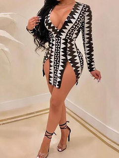 Sexy Bodycon Deep V Neck Geometric Pattern Mini Dresses (Style V300978)