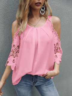 Round Neck Standard Loose Elegant Strappy Blouse (Style V300981)