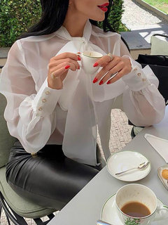 Stand Collar Standard Straight Elegant Polyester Blouse (Style V300993)