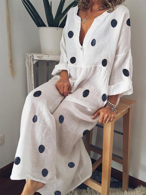 White Oversized Shift Deep V Neck Polka Dot Cotton Casual Dresses ...