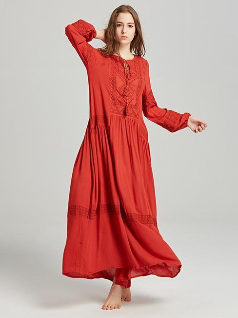 Beach Shift Round Neck Solid Color Cotton Casual Dresses (Style V100007)