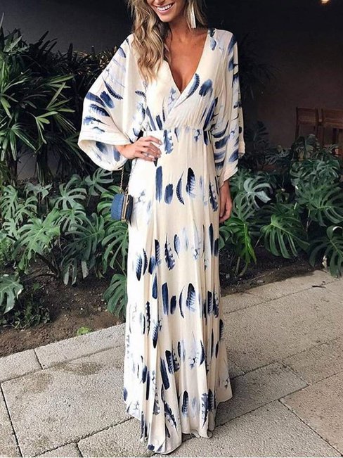 Beach Wrap Deep V Neck Feather Pattern Maxi Dresses (Style V100030)