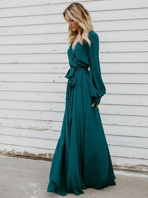 Green Sexy Wrap V-neck Belt Chiffon Maxi Dresses (Style V100031) - VEDACHIC