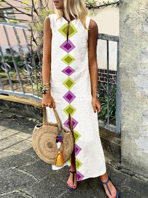 Bohemian Straight Notched Argyle Polyester Maxi Dresses (Style V100042)