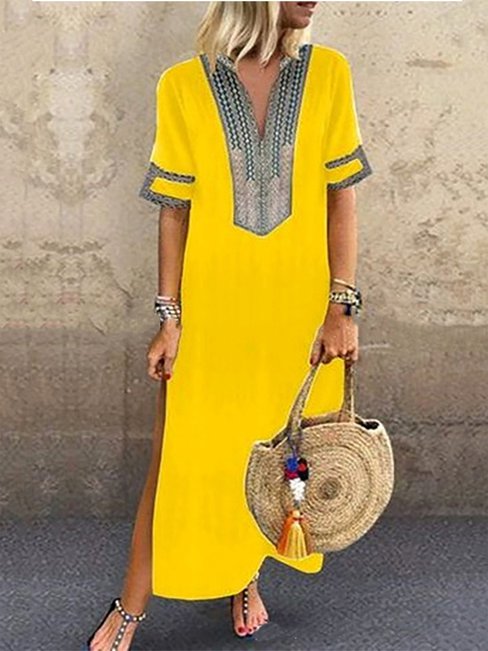 Bohemian Straight V-neck Solid Color Polyester Maxi Dresses (Style V100051)