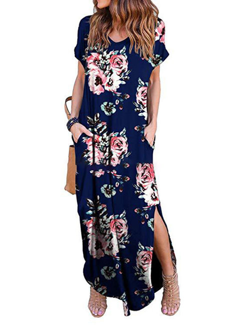 Beach V-neck Printed Pattern Polyester Maxi Dresses (Style V100065)