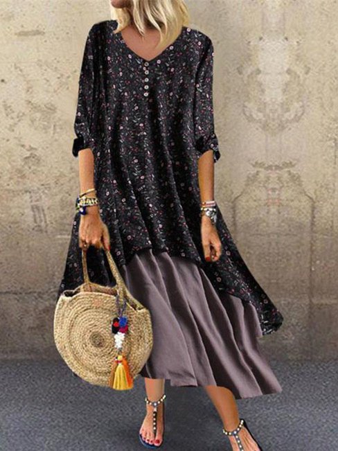 Oversized Shift V-neck Floral Pattern Boho Dresses (Style V100118)