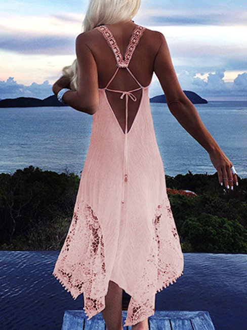 Beach Asymmetrical Halter Solid Color Lace Boho Dresses (Style V100156)
