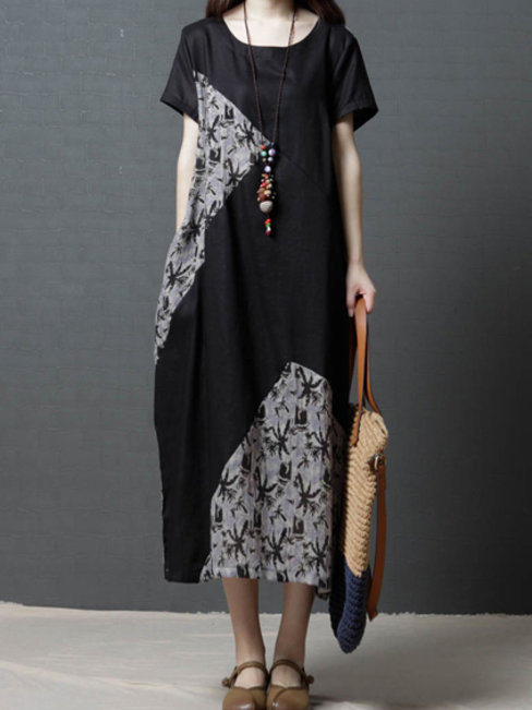 Casual Scoop Neck Patchwork Pattern Linen Casual Dresses (Style V100161)