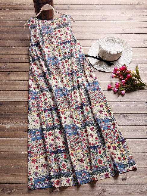 Apricot Bohemian Shift Scoop Neck Pattern Polyester Maxi Dresses (Style ...