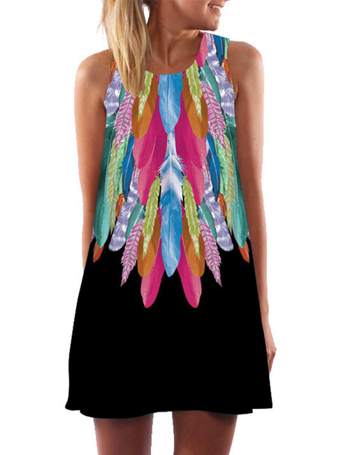 Straight Round Neck Feather Pattern Polyester Casual Dresses (Style V100192)