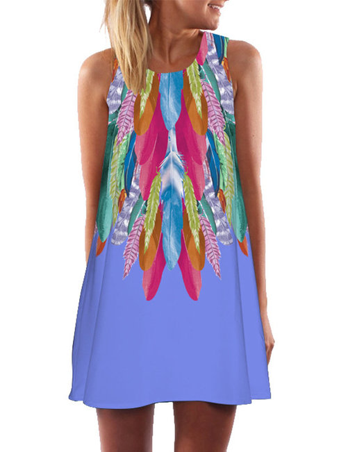 Straight Round Neck Feather Pattern Polyester Casual Dresses (Style V100192)