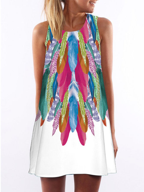 Straight Round Neck Feather Pattern Polyester Casual Dresses (Style V100192)