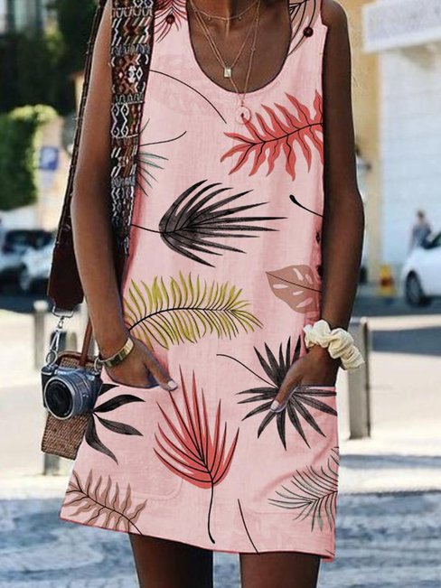 Beach Straight Scoop Neck Pattern Cotton Casual Dresses (Style V100196)