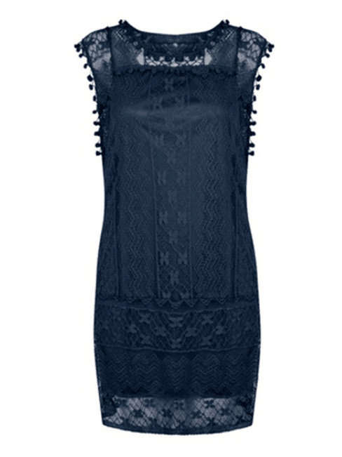 Basic Straight Round Neck Lace Guipure Casual Dresses (Style V100199)