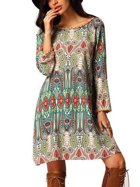 Bohemian Shift Boat Neck Printed Pattern Boho Dresses (Style V100217)