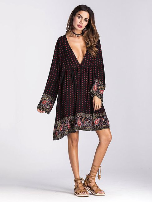 Sexy Shift Deep V Neck Pattern Dacron Boho Dresses (Style V100225)