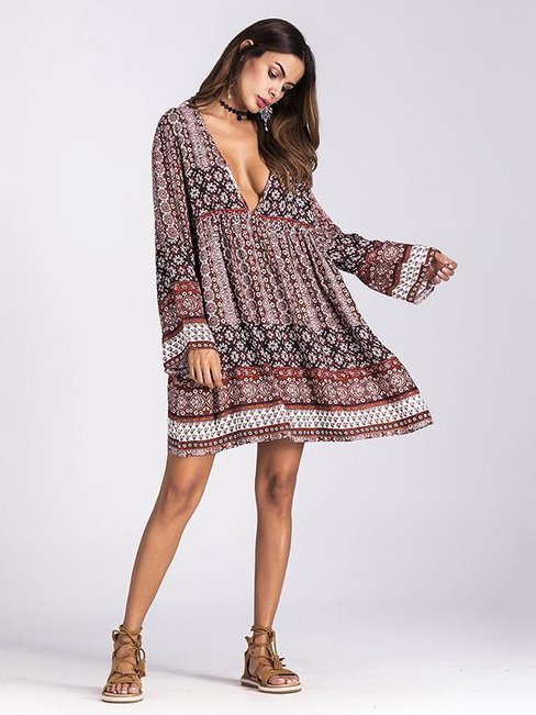 Sexy Shift Deep V Neck Pattern Dacron Boho Dresses (Style V100225)