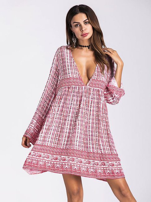 Sexy Shift Deep V Neck Pattern Dacron Boho Dresses (Style V100225)
