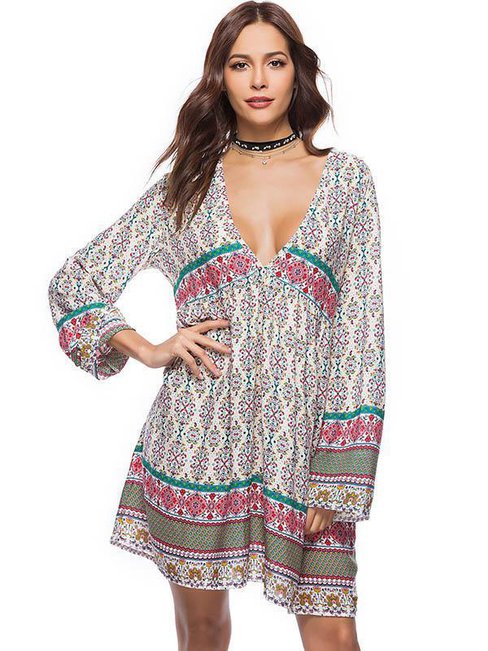 Sexy Shift Deep V Neck Pattern Dacron Boho Dresses (Style V100225)