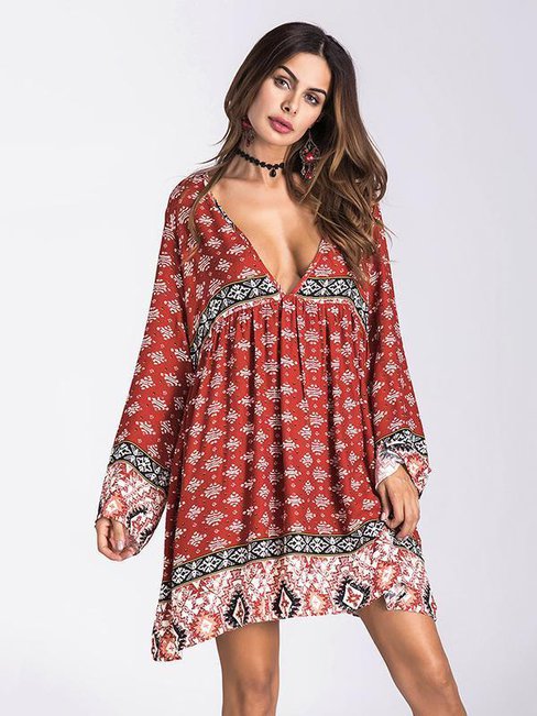 Sexy Shift Deep V Neck Pattern Dacron Boho Dresses (Style V100225)