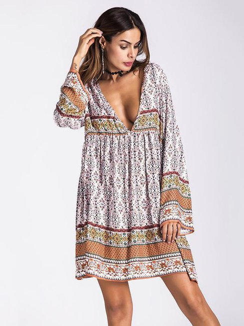 Sexy Shift Deep V Neck Pattern Dacron Boho Dresses (Style V100225)
