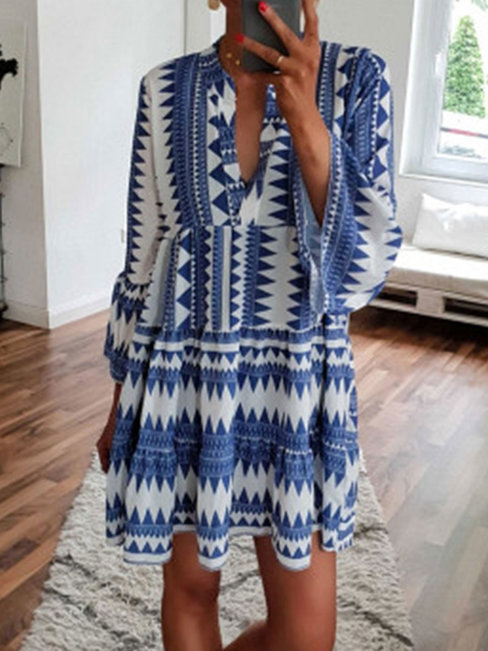 Beach Shift V-neck Pattern Chiffon Boho Dresses (Style V100228)