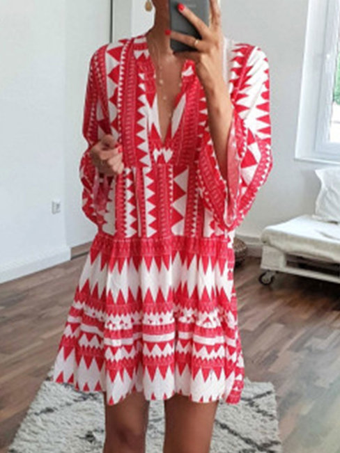 Beach Shift V-neck Pattern Chiffon Boho Dresses (Style V100228)