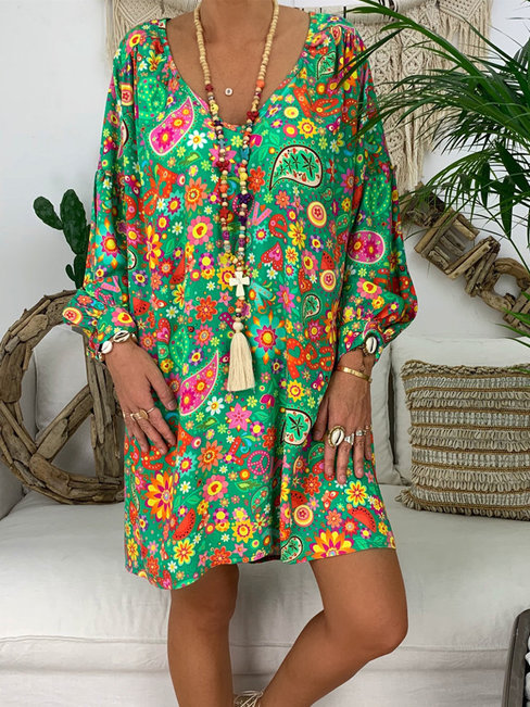 Bohemian Shift V-neck Floral Polyester Boho Dresses (Style V100237)