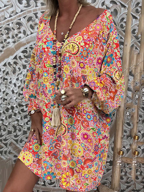 Bohemian Shift V-neck Floral Polyester Boho Dresses (Style V100237)
