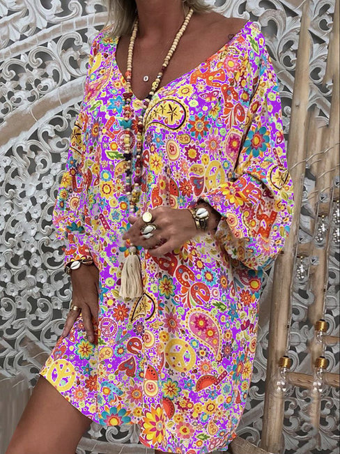 Bohemian Shift V-neck Floral Polyester Boho Dresses (Style V100237)