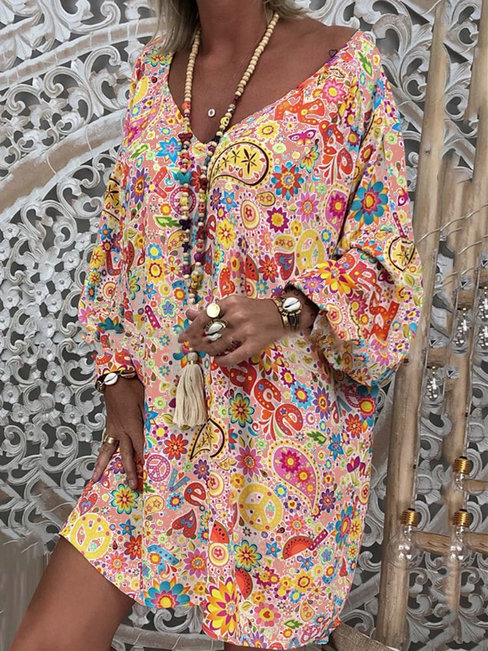 Bohemian Shift V-neck Floral Polyester Boho Dresses (Style V100237)