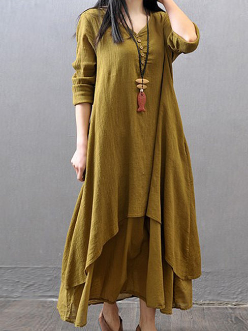 Yellow Fashion Shift V-neck Button Linen Maxi Dresses (Style V100258 ...