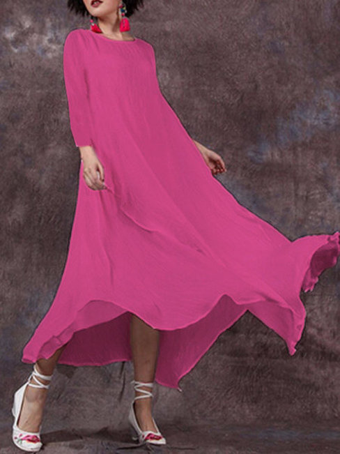 Shift Round Neck Solid Color Wavy Edge Polyester Maxi Dresses (Style V100261)