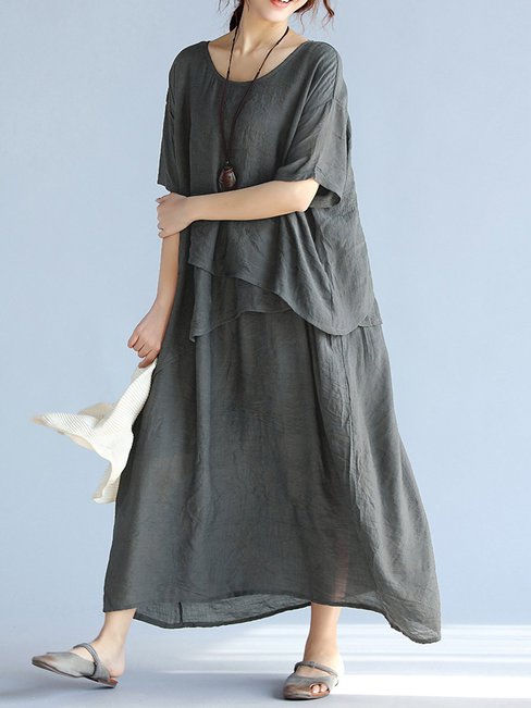 Casual Round Neck Solid Color Pockets Linen Casual Dresses (Style V100262)