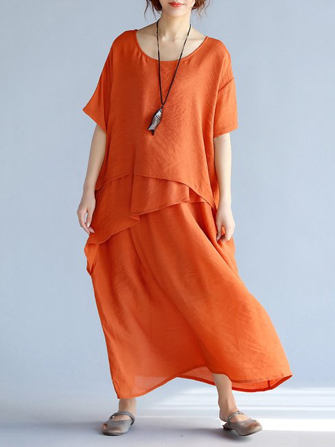 Casual Round Neck Solid Color Pockets Linen Casual Dresses (Style V100262)