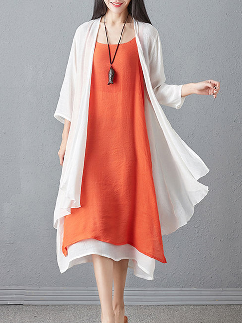 Fashion Shift Solid Color Two Piece Linen Casual Dresses (Style V100264)