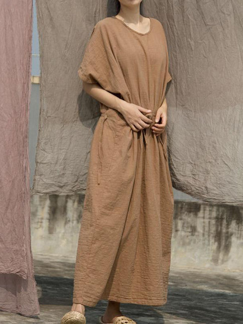 Modest Tunic Round Neck Solid Color Linen Casual Dresses (Style V100286)