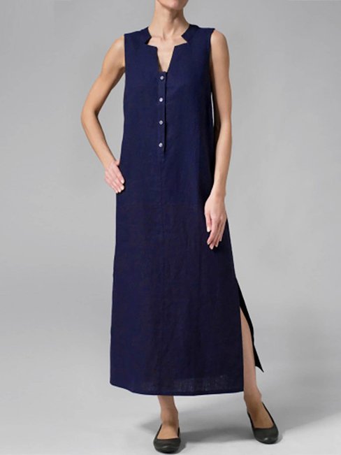 Casual Straight Solid Color Button Cotton Casual Dresses (Style V100294)
