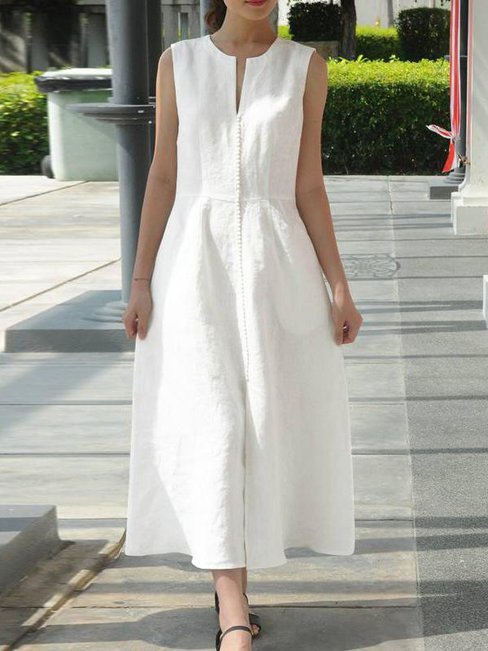 Casual A-line Solid Color Belt Linen Casual Dresses (Style V100308)