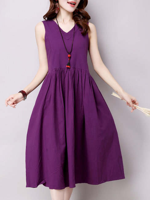Casual A-line V-neck Solid Color Ruffle Casual Dresses (Style V100310)