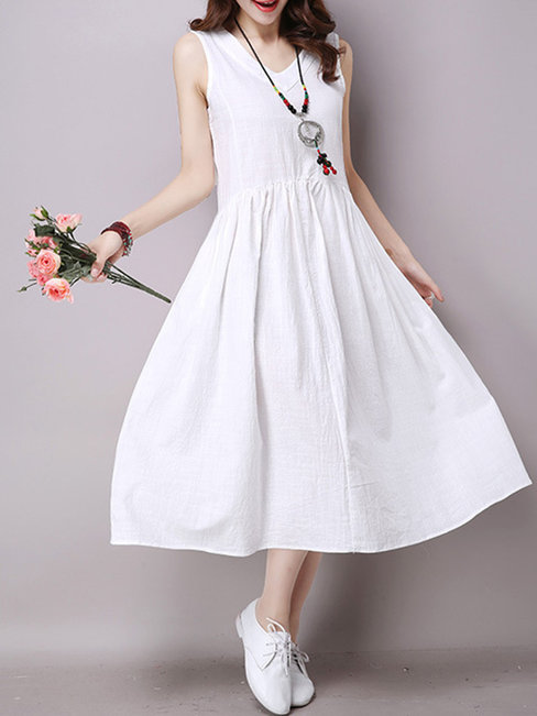 Casual A-line V-neck Solid Color Ruffle Casual Dresses (Style V100310)