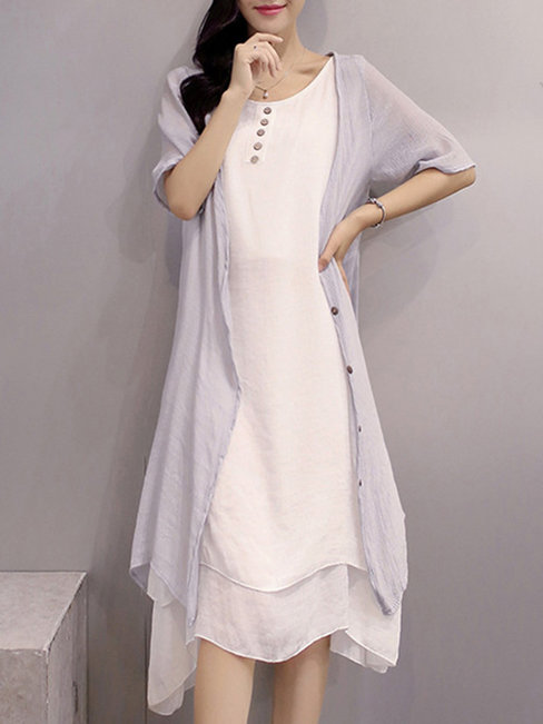 Shift Round Neck Solid Color Two Piece Polyester Casual Dresses (Style V100314)