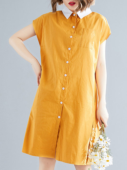 Cute Shirt Shawl Collar Button Linen Mini Dresses (Style V100322)