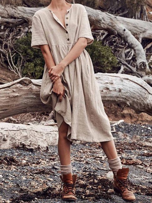 Casual A-line Solid Color Button Polyester Casual Dresses (Style V100326)