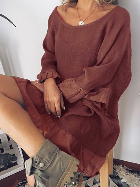 Sexy Boat Neck Solid Color Ruffle Cotton Blends Casual Dresses (Style V100328)