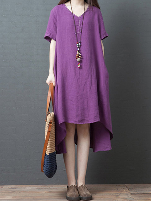 Casual Shift Solid Color Swallowtail Linen Casual Dresses (Style V100341)