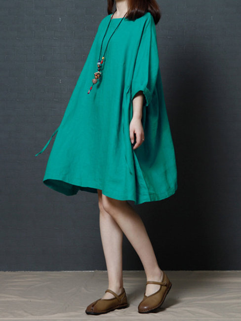 Shift Round Neck Solid Color Belt Linen Casual Dresses (Style V100343)